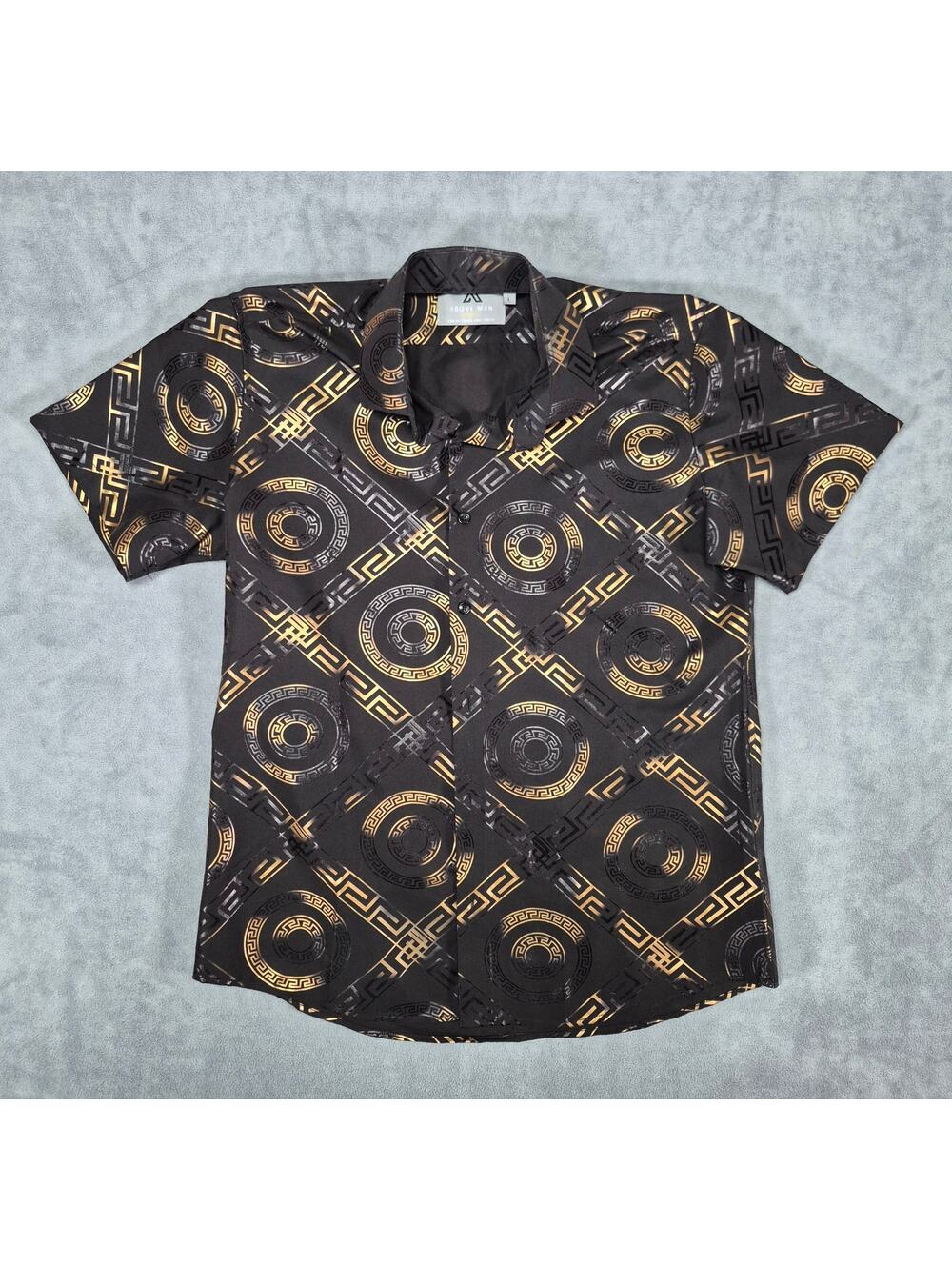 Above Man Slim Fit Men’s Button Up Shirt Black Gold Geometric Size L